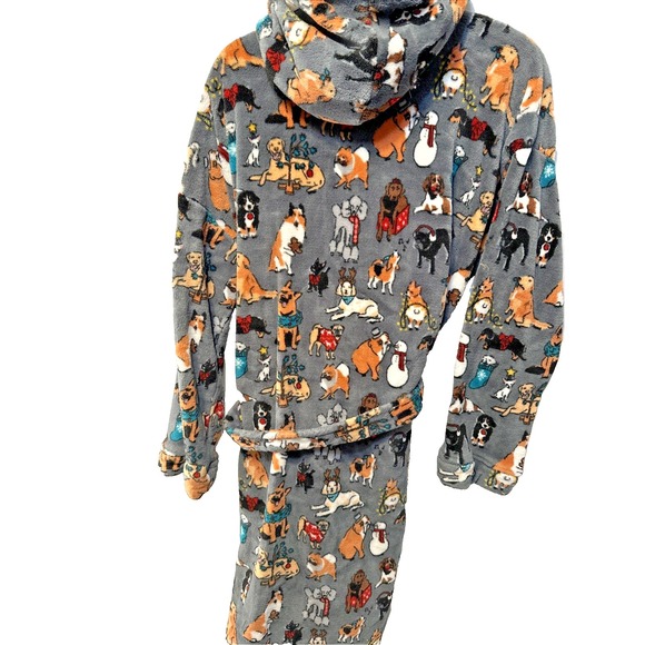 Vera Bradley Women's 2X/3X  Hooded Fleece Tie Robe Grey Holiday Dog Show - Picture 4 of 11